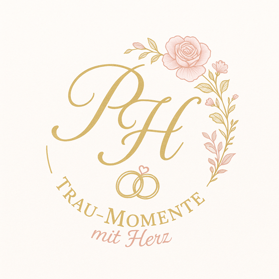 Logo Traumomente mit Herz: Goldenes Monogramm PH mit Rosenzweig und Eheringen