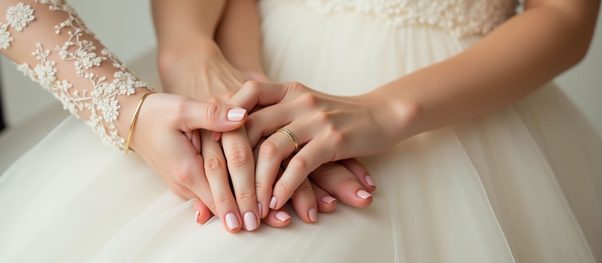 Ineinander verschränkte Hände zweier Frauen vor einem Brautkleid, eine trägt einen schmalen Goldring.